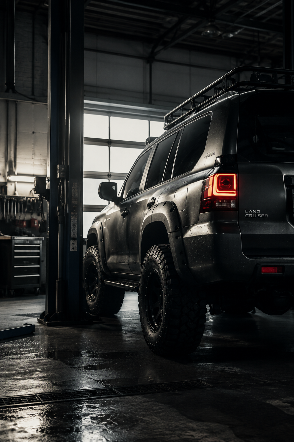 Land Cruiser inside a modern workshop bay