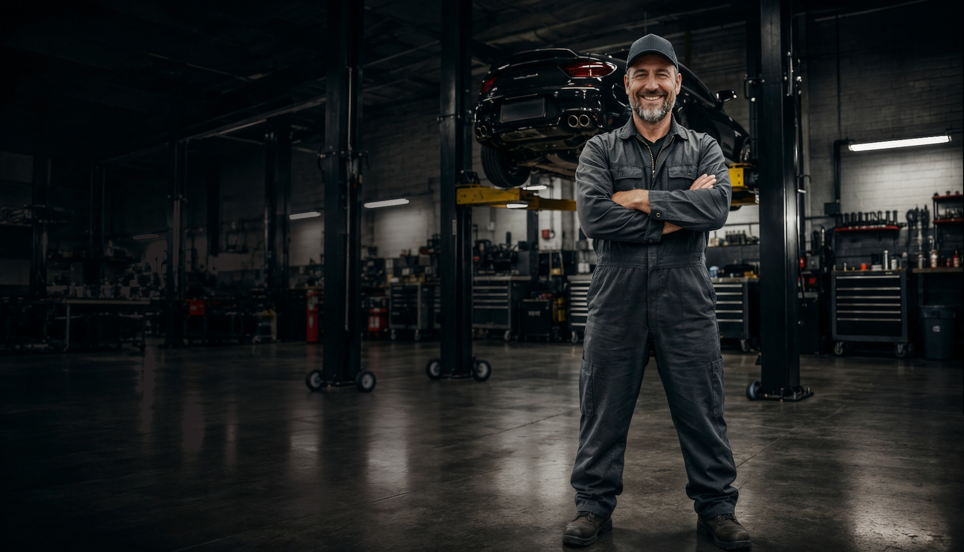 Smiling mechanic standing in front of a lifted car inside a modern workshop